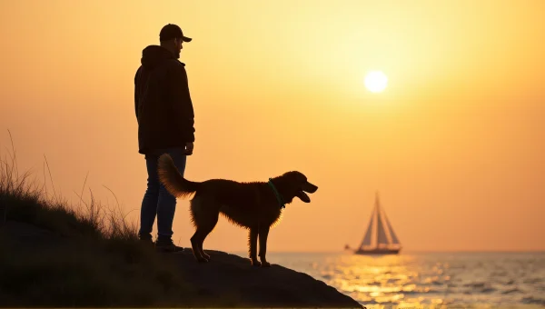 Man And Dog On Coastal Cliff At Golden Hour