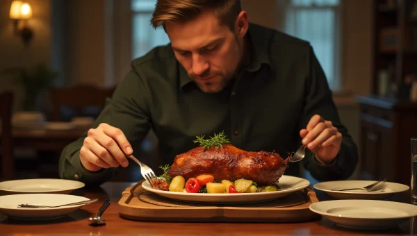 Man Enjoying Roasted Meat with Vegetables