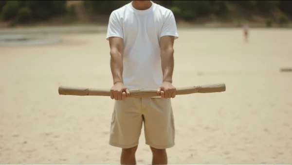 Man Exercising Outdoors With Wooden Sticks