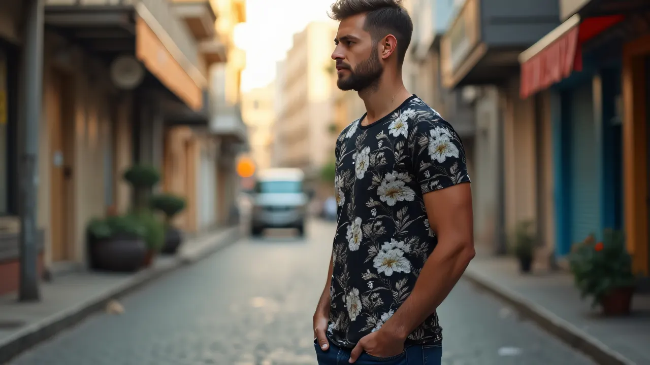 A man stands with hands in pockets, wearing a floral T-shirt in an urban alley during soft morning light.