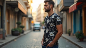 Man in Floral T-Shirt Standing in Urban Alley