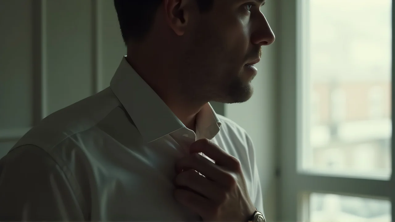 A man stands by a window, grasping his shirt collar in soft light.