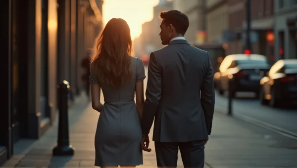 Man In Gray Suit With Woman In Dress At Dusk