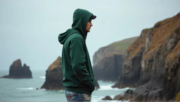 Man In Green Jacket By Rocky Coastline