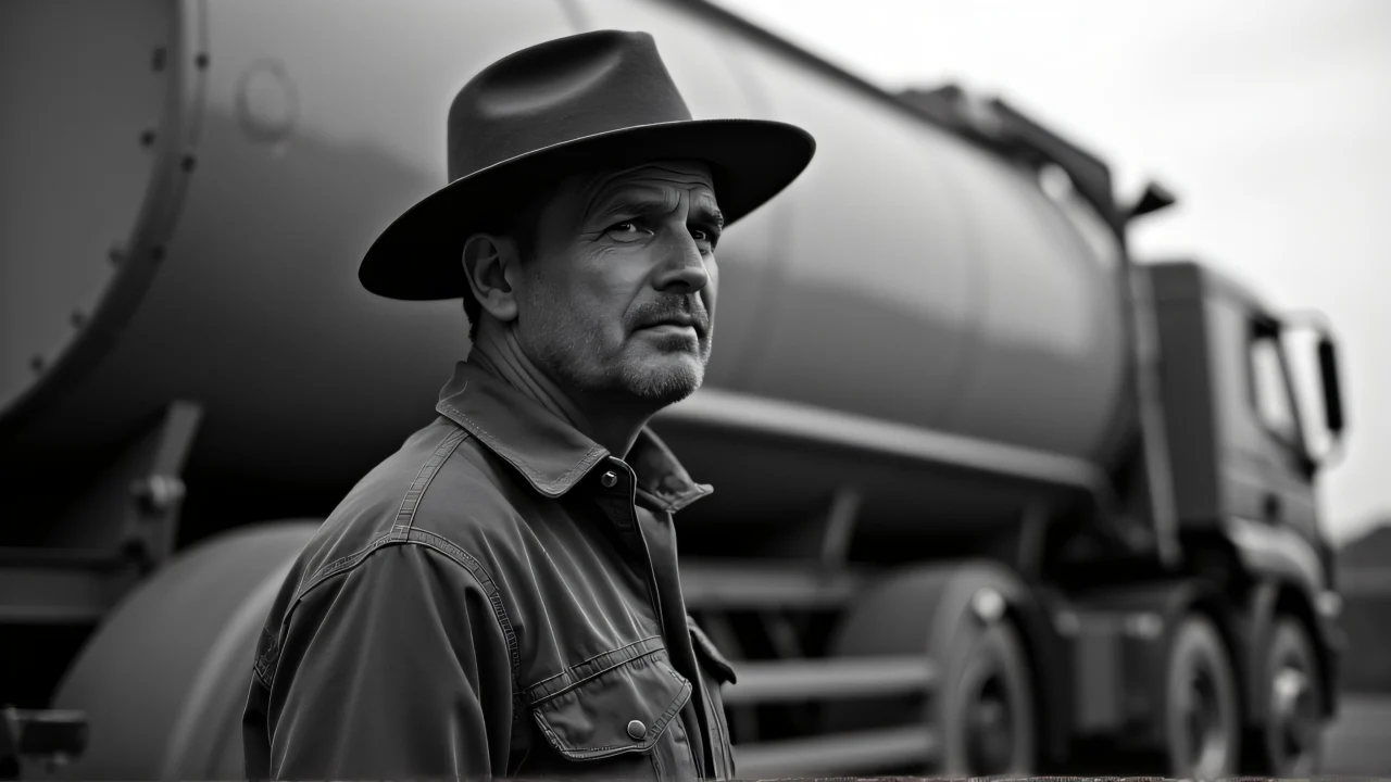Grayscale image of a man in a hat next to a tank truck.