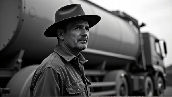 Man With Hat Beside Tank Truck Grayscale Portrait