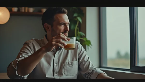 Man Holding Beverage In Collared Shirt, Relaxed Setting