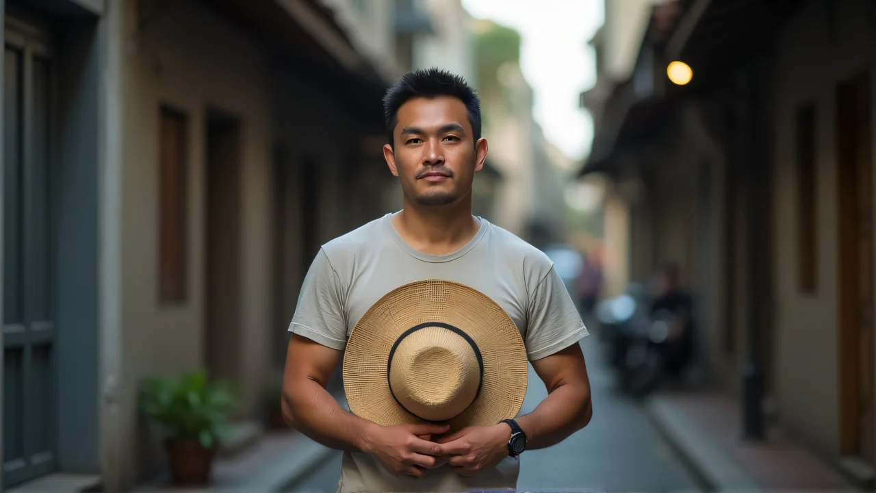 A man stands in an urban alley holding a brown straw hat at chest level.