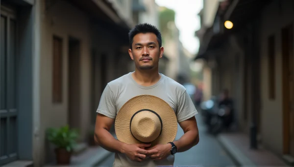 Man Holding Brown Straw Hat In Urban Alley