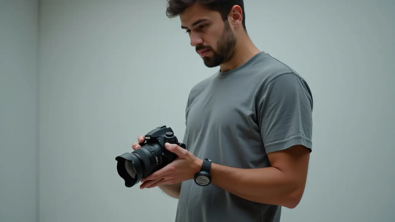 A man in a gray crew-neck T-shirt holds a camera, positioned in a three-quarter profile.