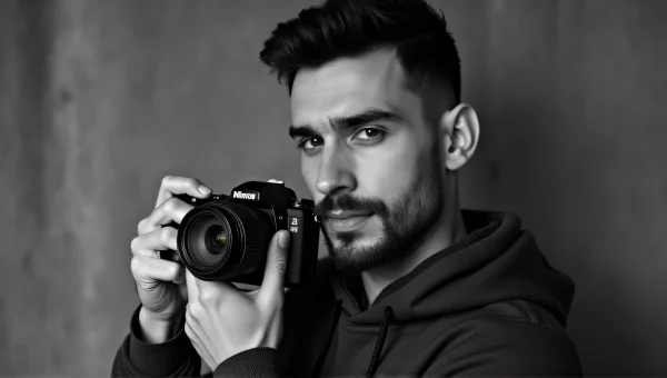 Man Holding Camera Grayscale Portrait Close-Up