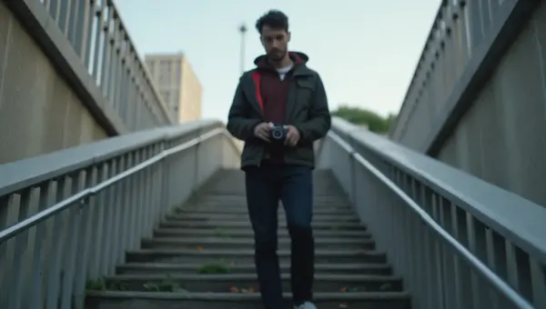 Man Holding Camera on Urban Stairs in Morning Light