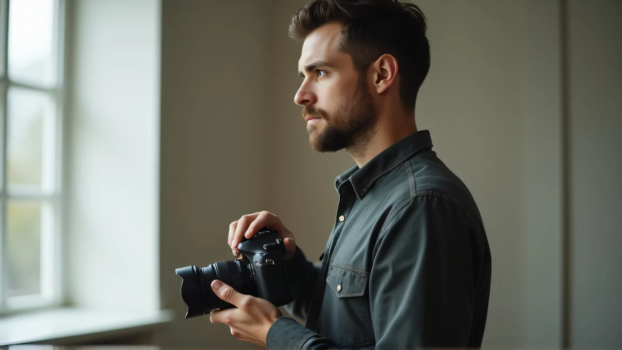 A man poses with a camera in soft natural light.