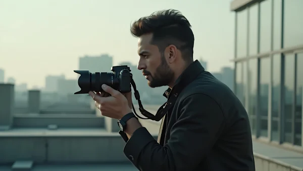 Man Holding DSLR Camera Urban Rooftop Scene