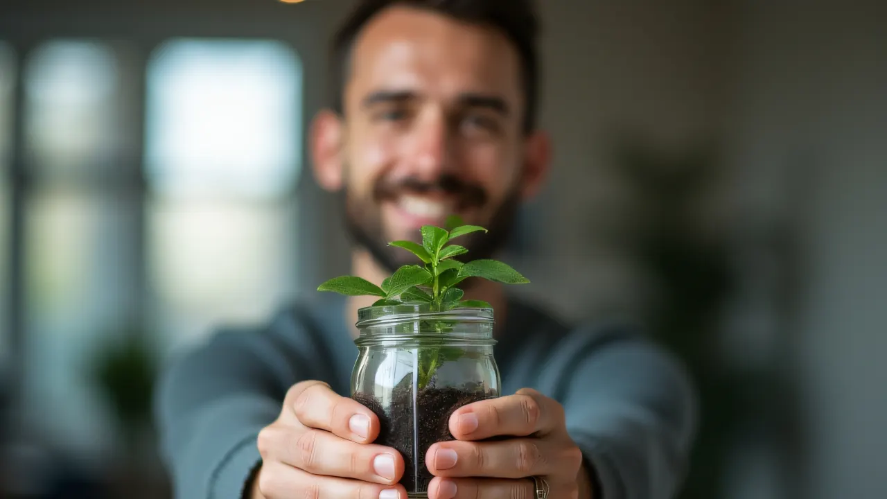 Portrait of a man with a glass jar containing a potted plant in soft light.