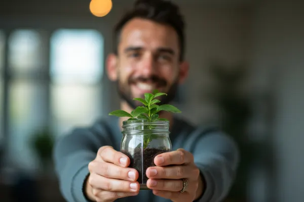 Man Holding Plant Jar Indoor Soft Light