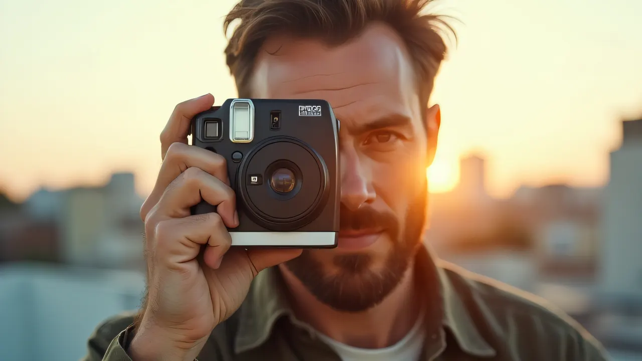 A man in his mid-30s takes a photo with a retro instant camera against an urban backdrop.
