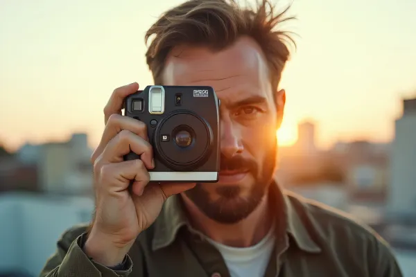 Man Holding Retro Instant Camera Urban Portrait