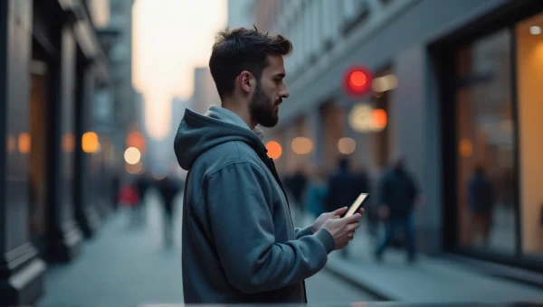 Man Holding Smartphone Urban Sidewalk Dusk