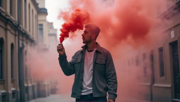 Man Holding Smoke Bomb in Urban Alley Scene