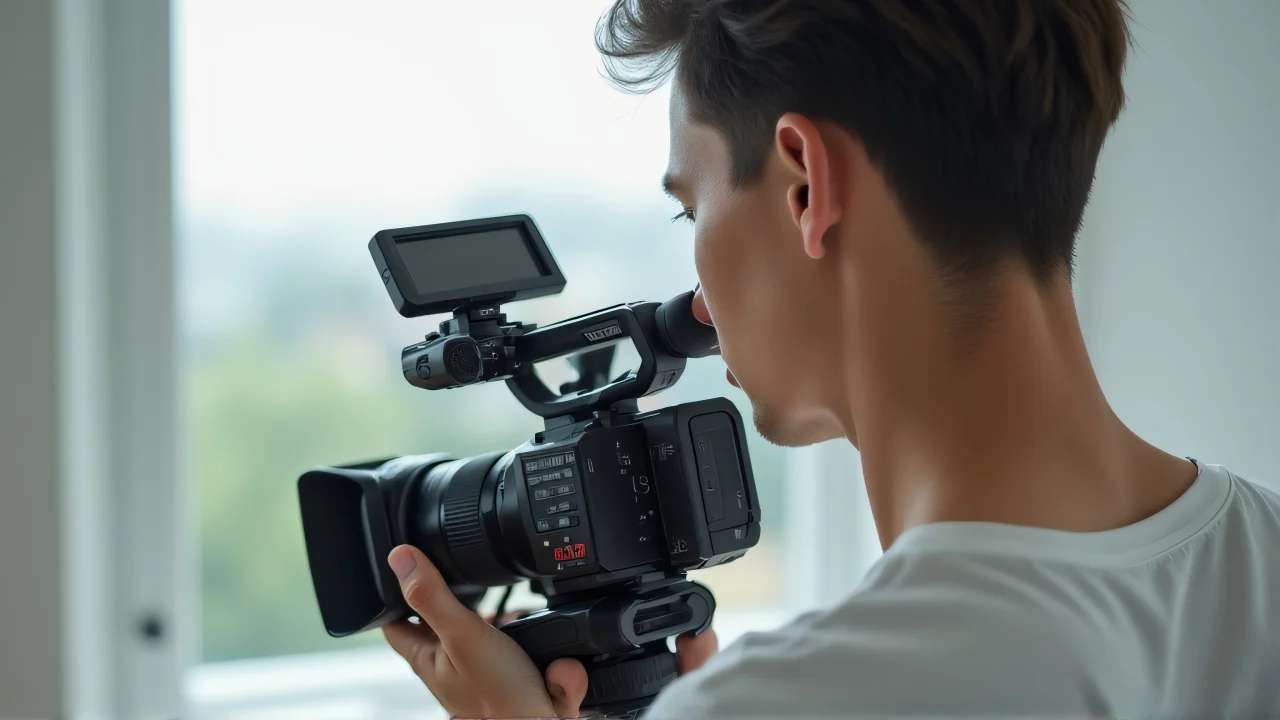 A man in a white shirt holds a video camera at chest height, illuminated by soft window light.