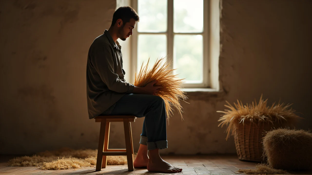A man sits on a wooden stool holding a bundle of wheat in soft natural light.