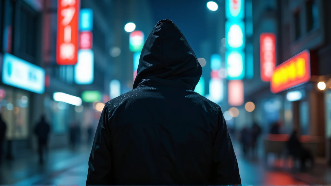 A man wearing a hooded jacket stands under neon lights in a wet city street, captured in shallow depth of field.