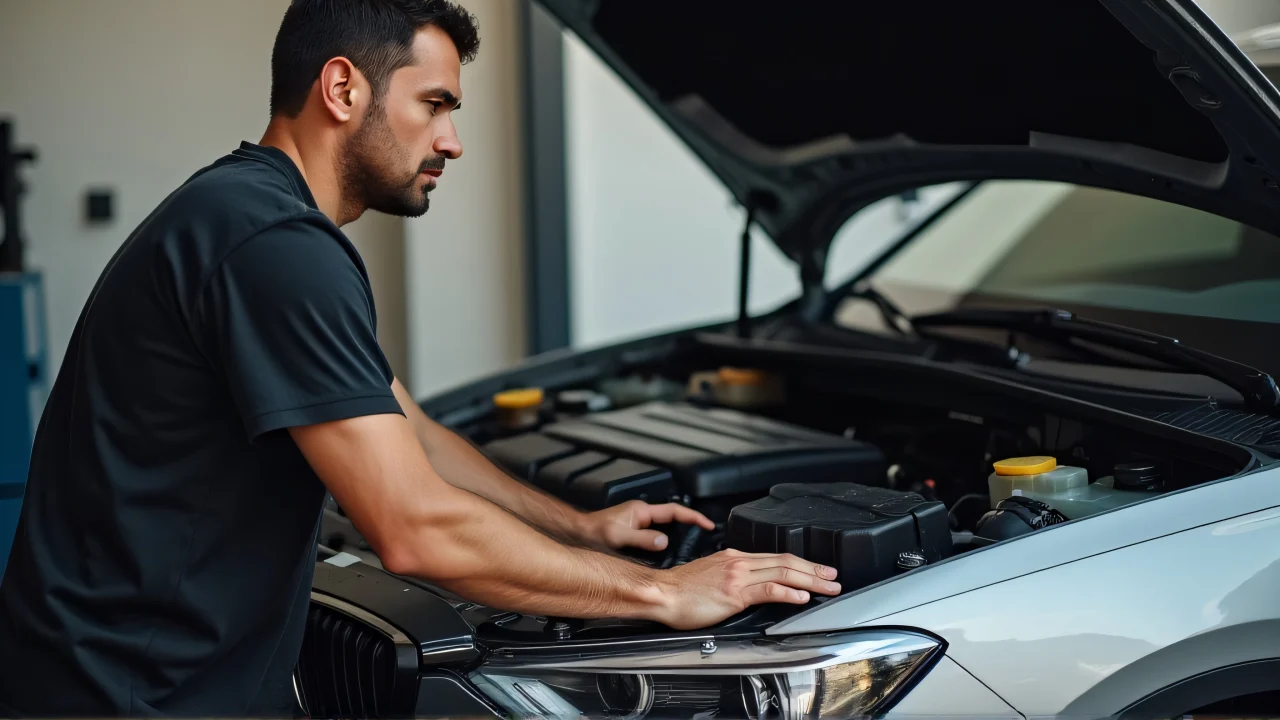 A man in a black shirt inspects an open car engine under morning garage lighting.
