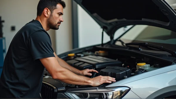 Man Inspecting Car Engine In Morning Garage Light