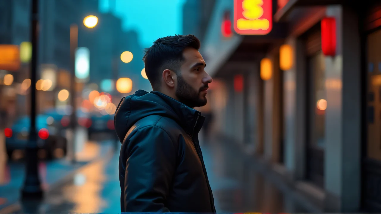 A man in a jacket stands on a rain-slicked city sidewalk at dusk with neon reflections.