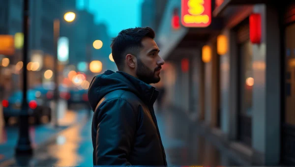 Man in Jacket on Rainy City Sidewalk at Dusk