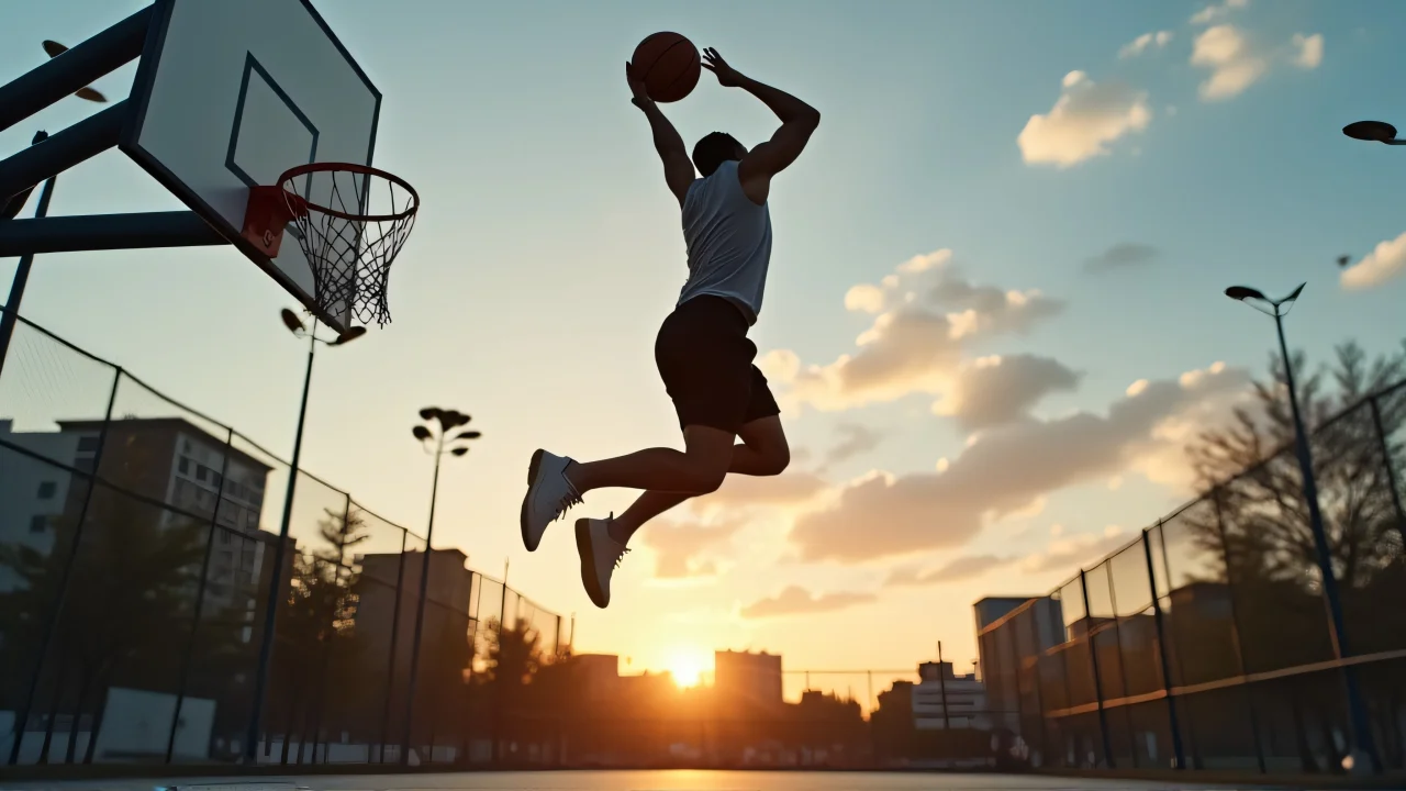 A man mid-air making a basketball jump shot on an urban court at dusk.