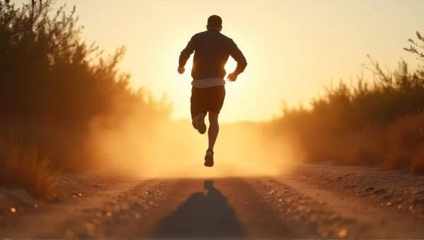 Man Jumping on Dusty Road at Golden Hour