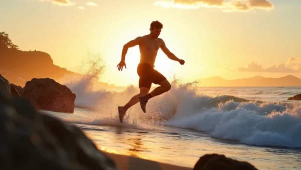 Man Jumping on Rocky Seashore at Golden Hour