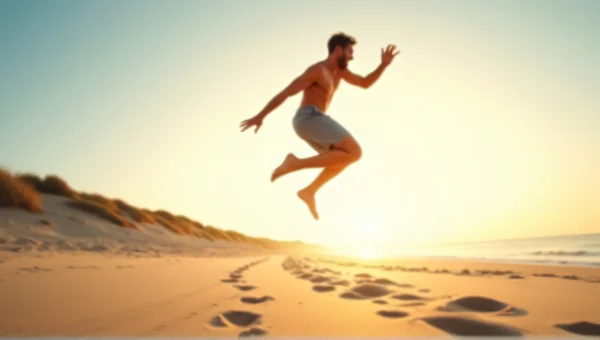 Man Jumping on Sunlit Beach Sand in Motion