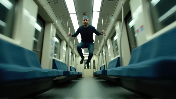 Man Jumping in Train Aisle with Motion Blur