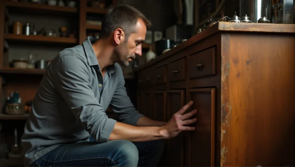 Man Kneeling by Worn Wooden Cabinet in Workshop