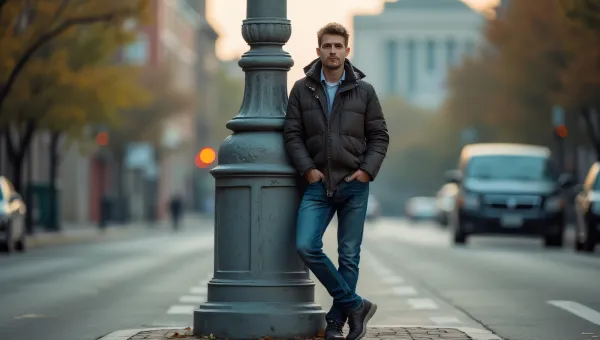 Man Leaning Against Gray Bollard At Street Corner