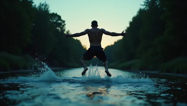 Man Leaping Over River at Dusk