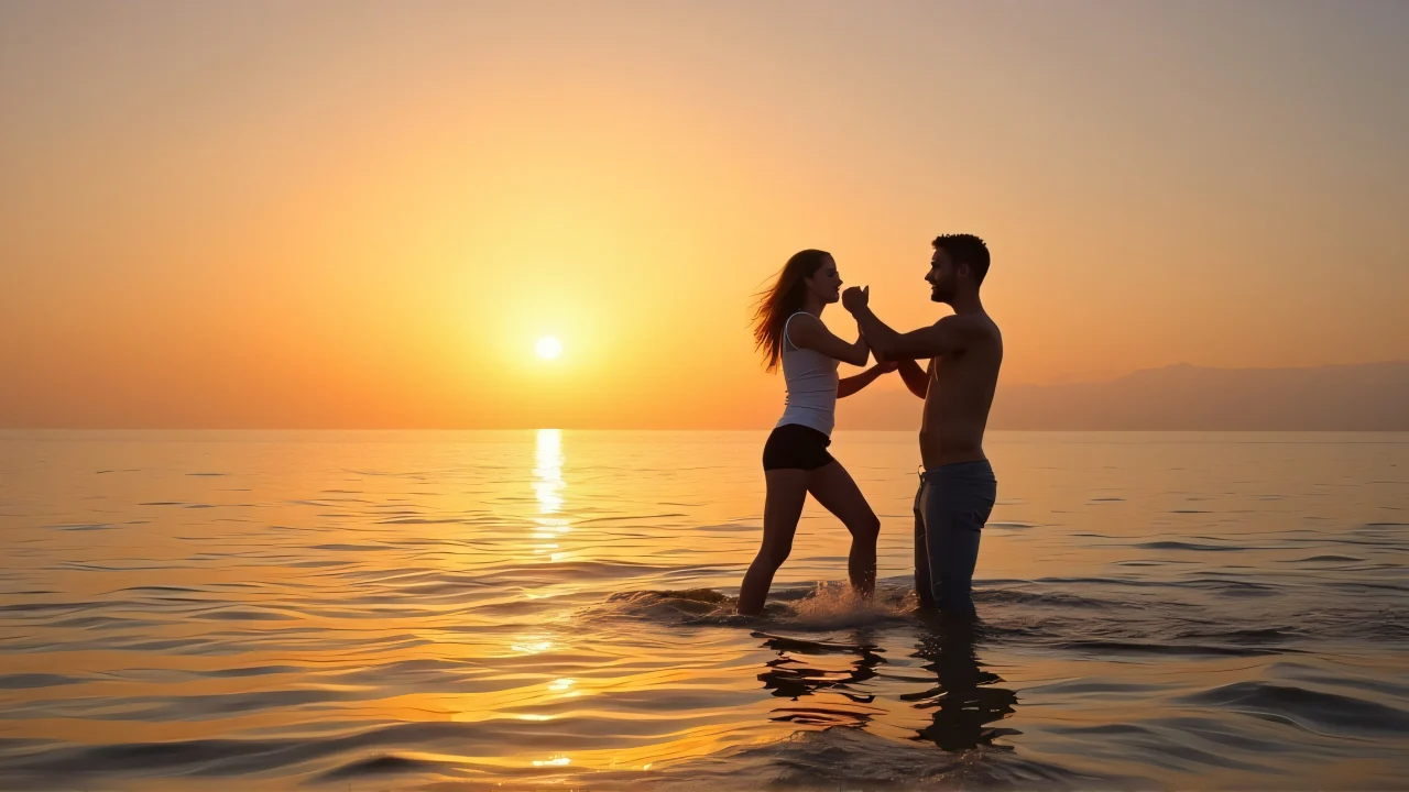 A man lifts a woman at knee-deep water during sunset.