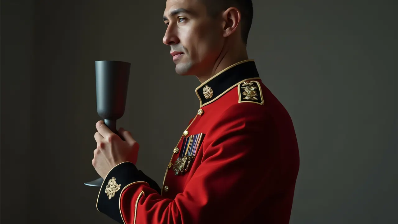A man wearing a red-and-black military uniform holds a flute glass.