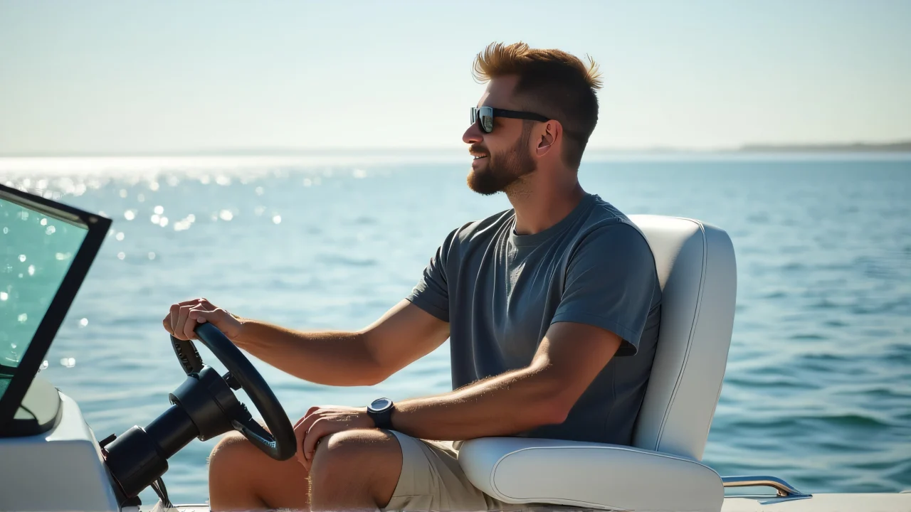 A man sits confidently on a motorboat, navigating calm waters under midday sunlight.