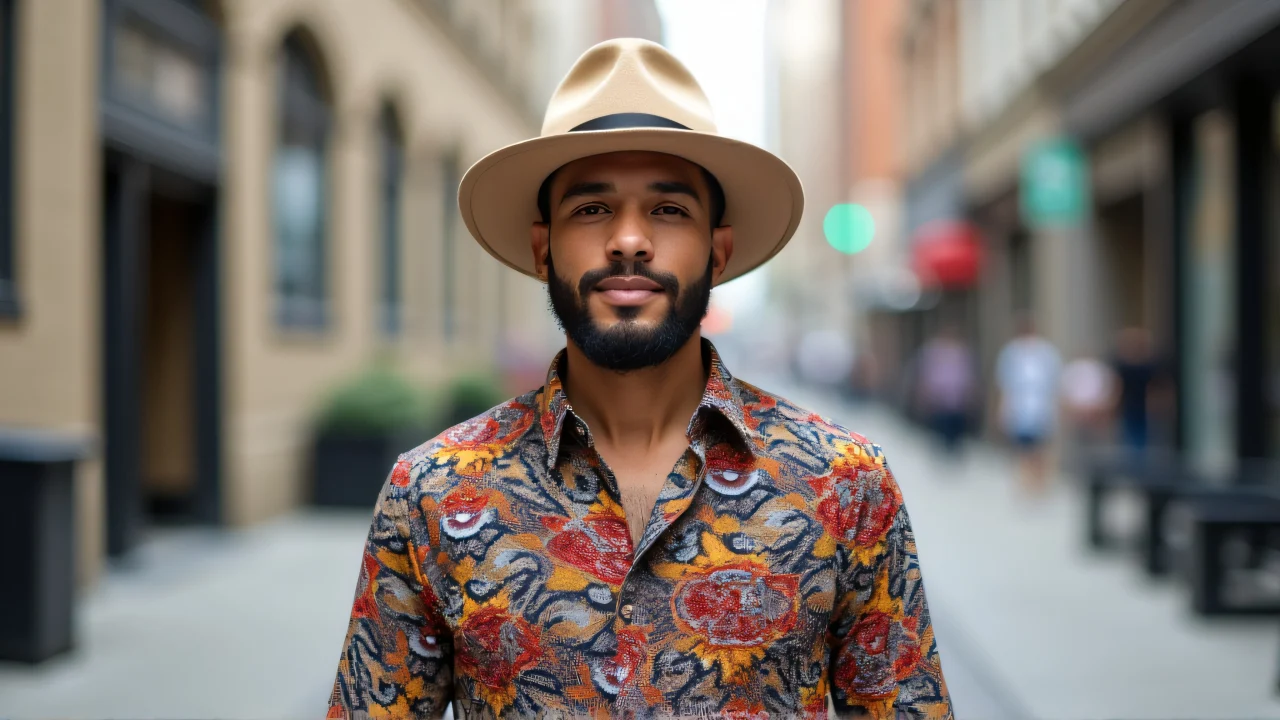 Full-body portrait of a man in a patterned dress shirt and fedora on city sidewalk.