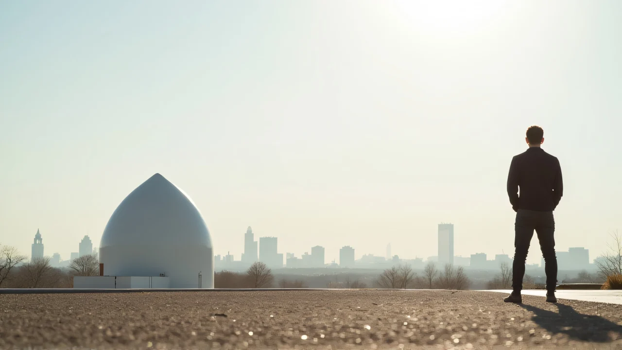 A man stands by a white dome building with a city skyline in the background.