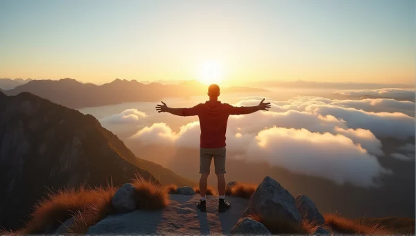 Man Open Arms Rocky Plateau Sunset Landscape