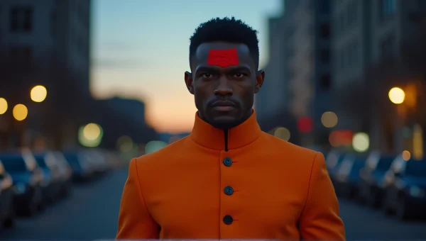 Man in Orange Suit with Red Marking at Twilight
