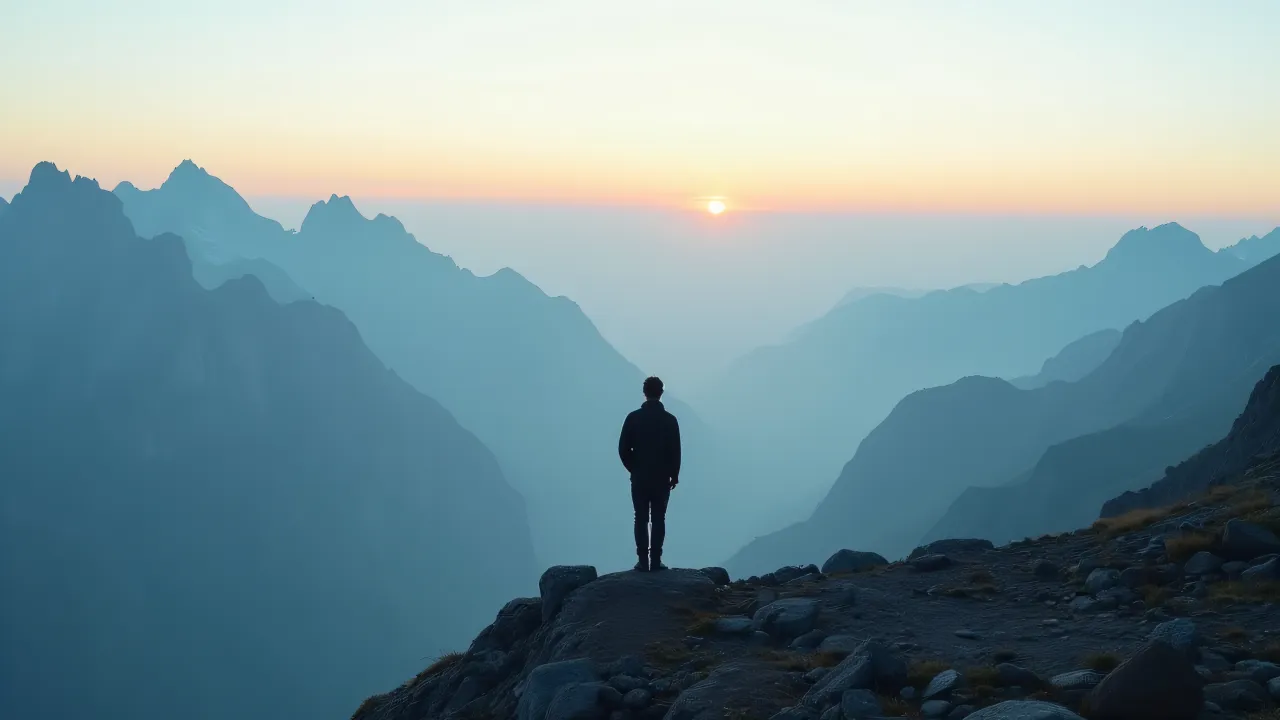 A solitary man stands on a ridge, gazing at jagged mountains in the soft dawn light.