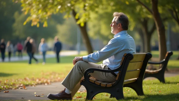 Man on Park Bench Observing Walkers in Afternoon Light