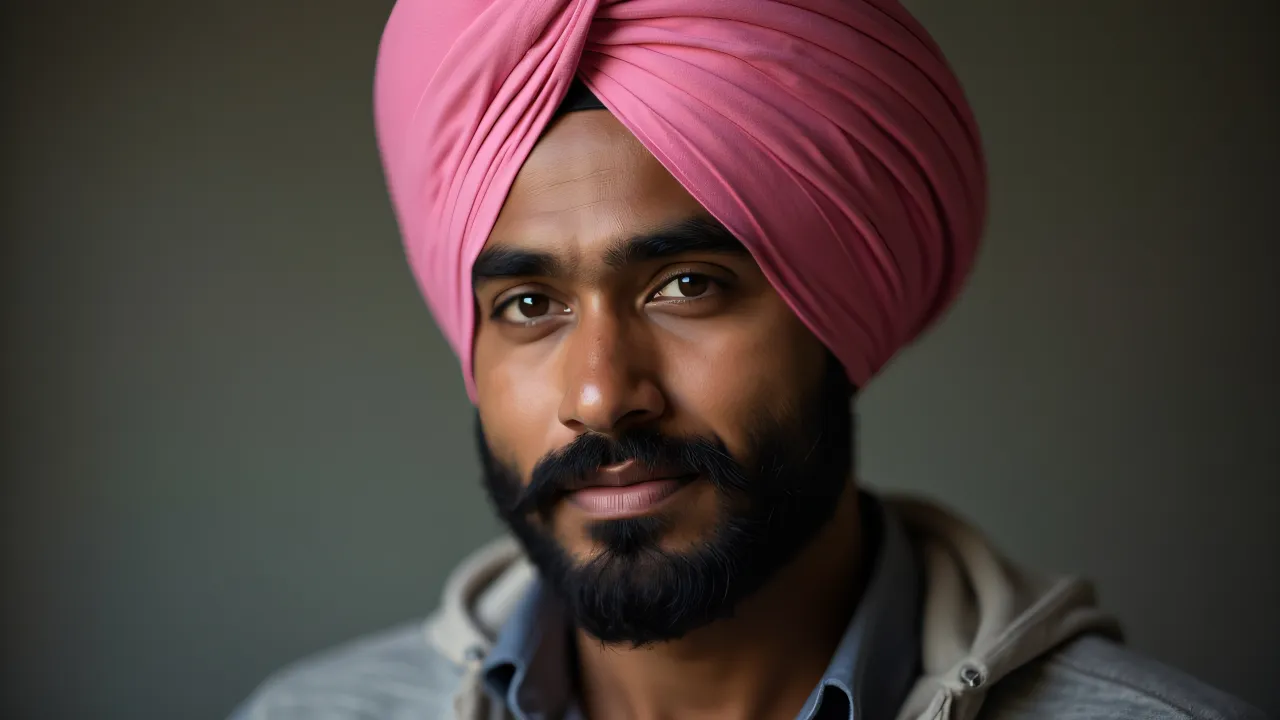 Portrait of a man wearing a pink turban, showcasing cultural identity with a neutral expression.