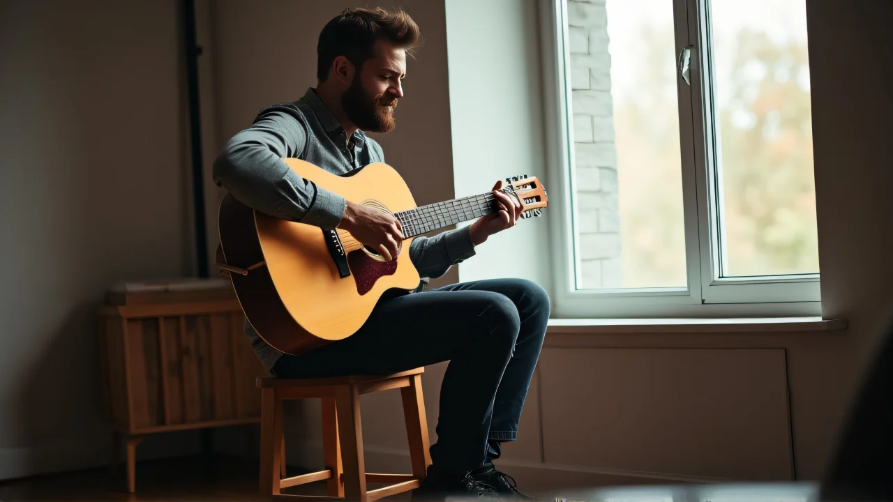 A man sits on a stool playing acoustic guitar near a window with soft light.